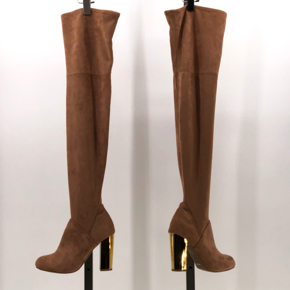 BAMBOO Brown Over the Knee Boots with Gold Heel